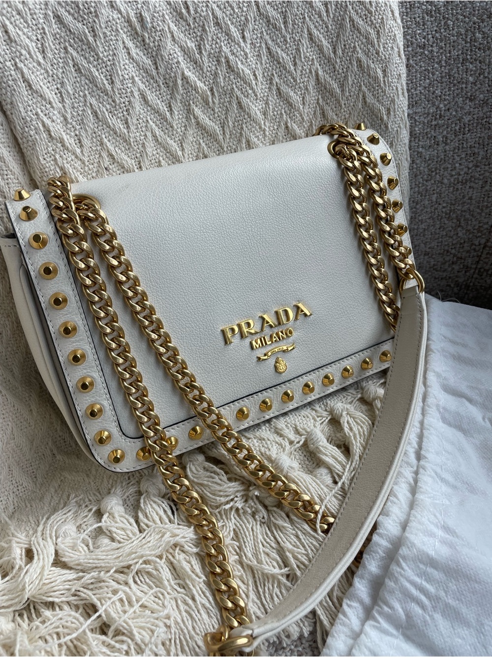 Prada Cream Leather Shoulder Bag with Gold Hardware